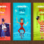 Travelling circus one day show flat banners set with juggler strongman and wizard abstract isolated vector illustration